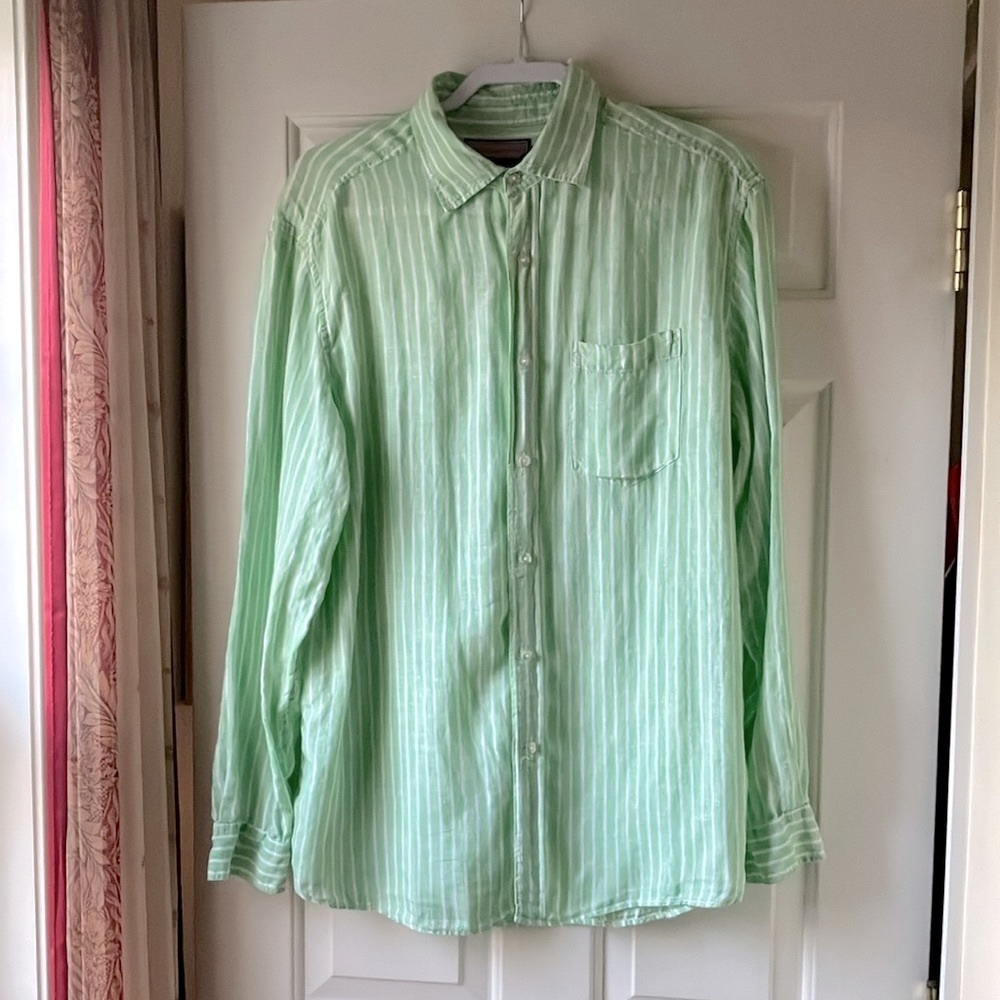 Vineyard Vines Men’s Linen Long Sleeve Casuall Shirt Green/White Size L
